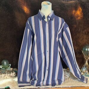Bugatchi Navy and White Striped Button Down Shirt L (5025D)